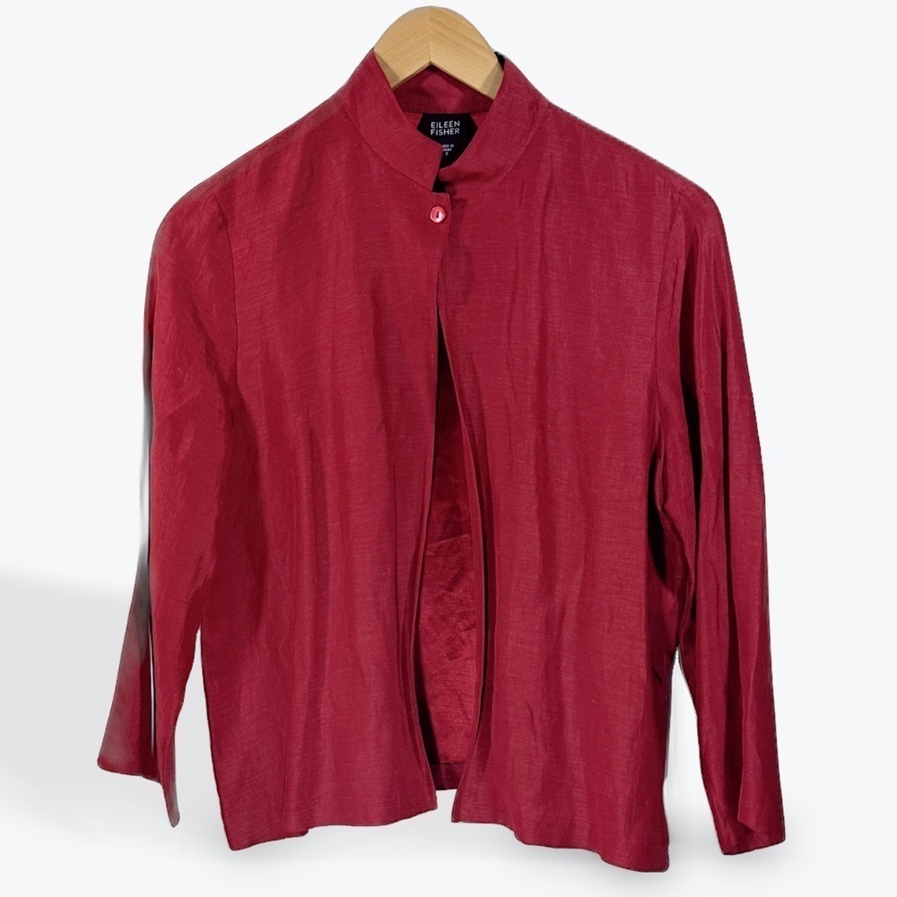 NWOT Eileen Fisher Red Mandarin Collar Blouse Linen Silk Top Single Button Small